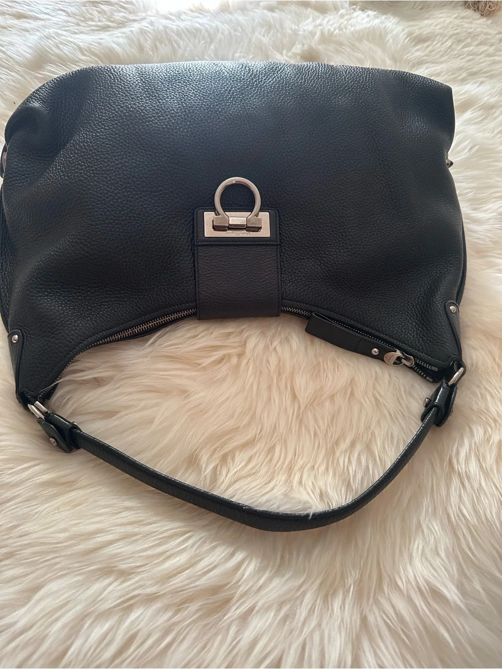 Salvatore Ferragamo Black Pebbled Leather Shoulder Bag with Silver Hardware